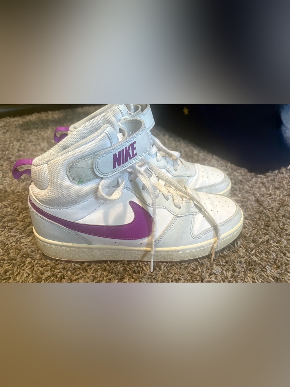 Nike White High-Top Sneakers with Purple Swoosh and Accents